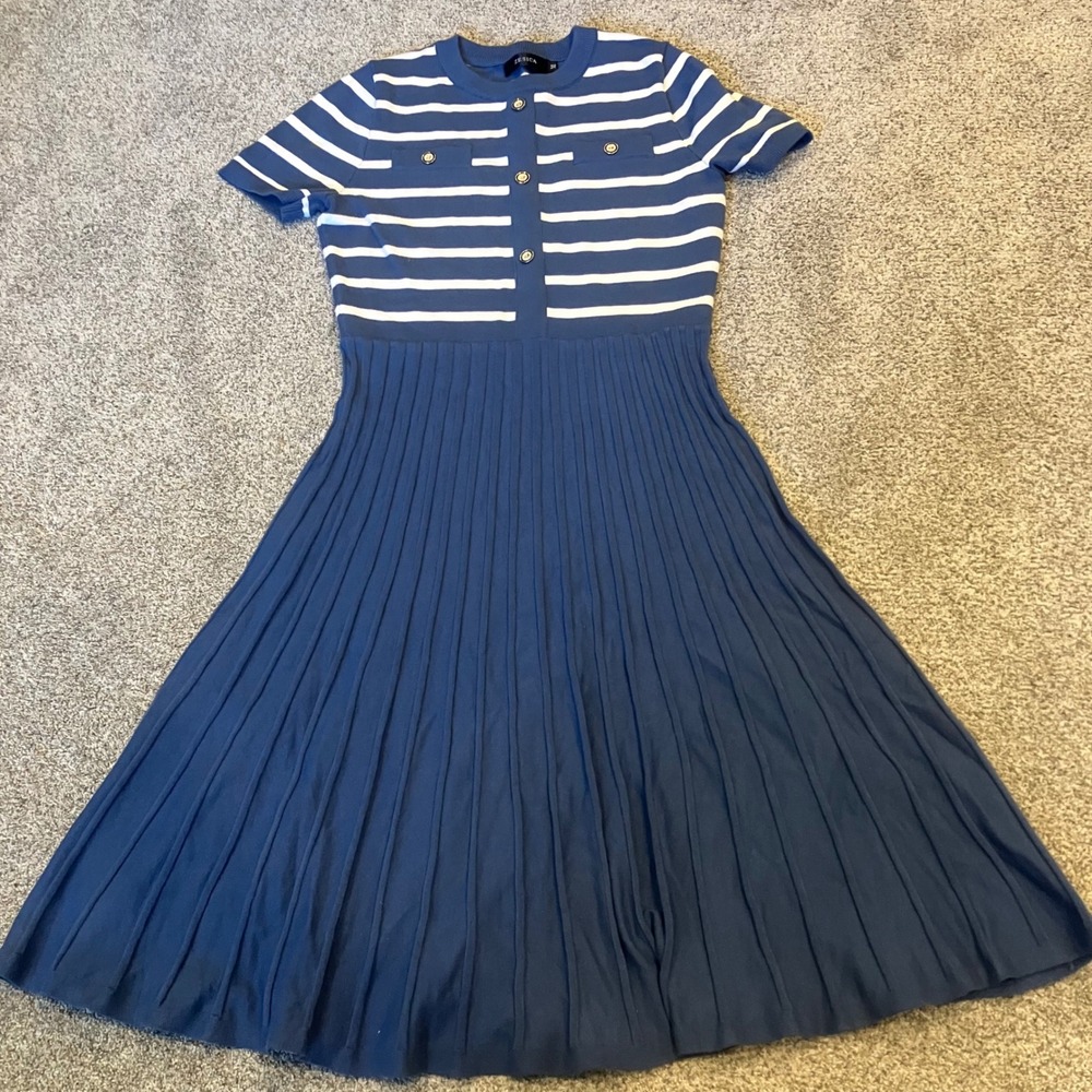 ZESICA Blue White Striped Pleated Sweater Dress M Midi Nautical Parisian Sailor